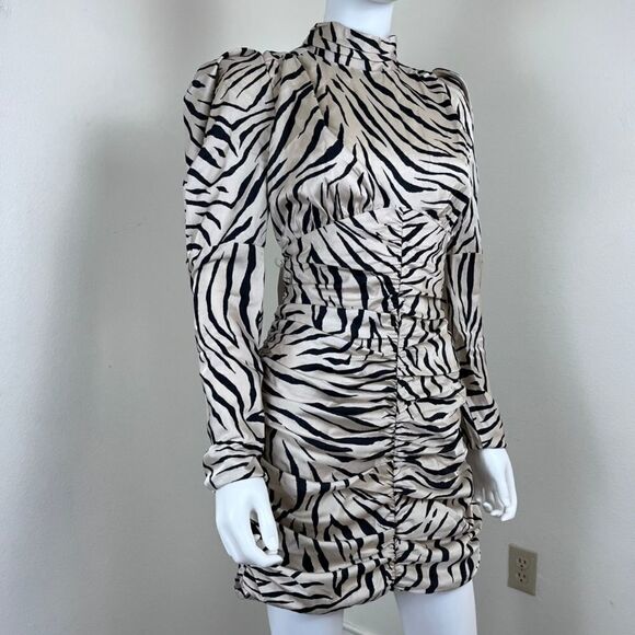 Bardot Women Size 10 Beige Animal Print Puff Sleeve Ruched Mini NEW Dress Party - Picture 10 of 16